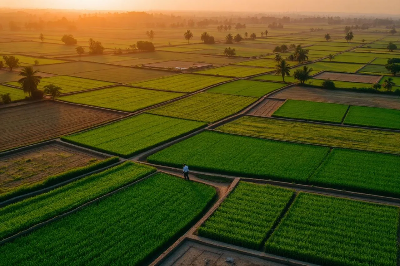 Aerial view of Indian farmland at sunrise