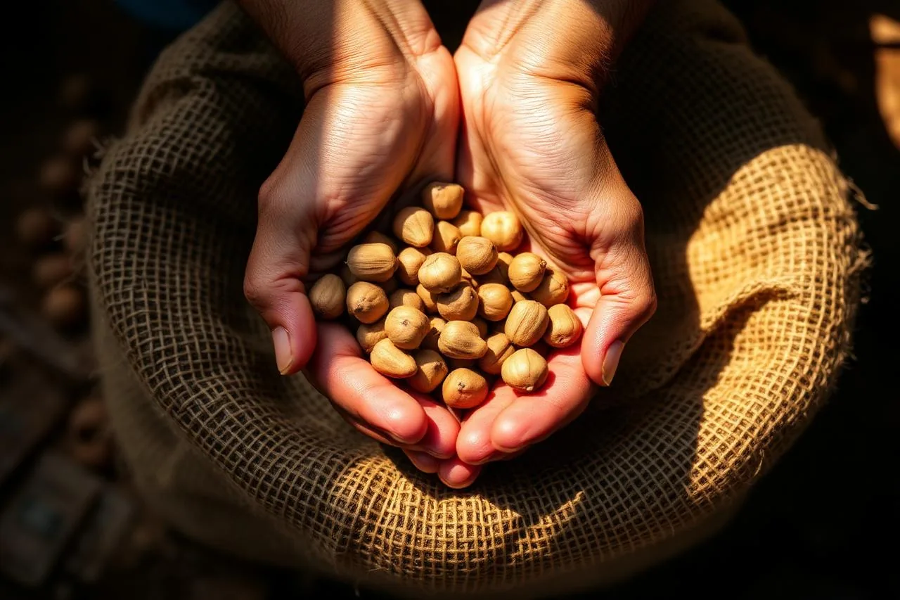 Hands holding raw fox nuts over a jute sack